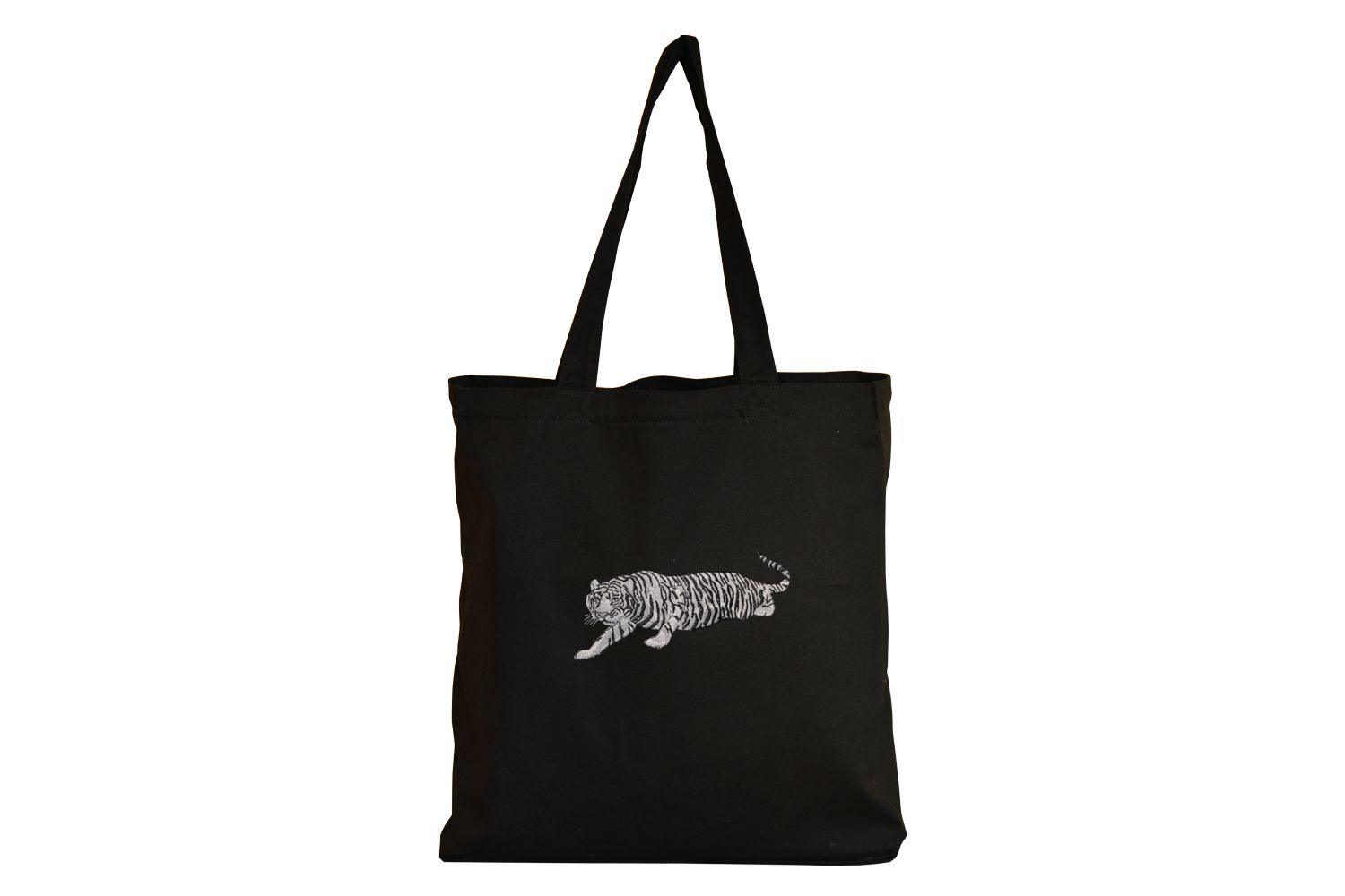 Eko torba bawełniana na ramię z dnem, czarna, haft - Biały tygrys