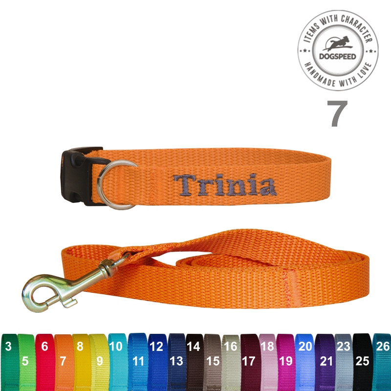 Obroża o szerokości 2,0 cm z haftem i smycz prosta.